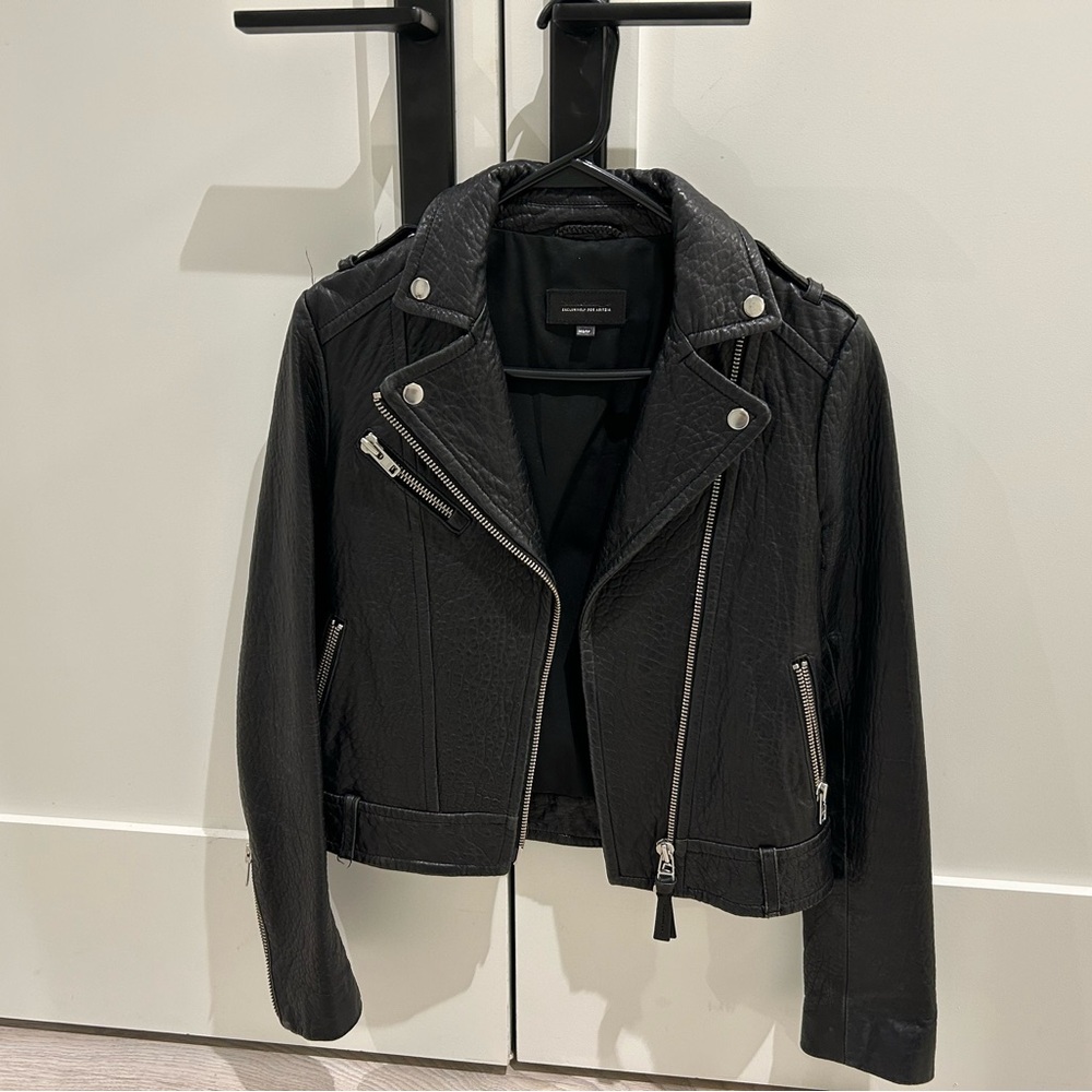 Black Leather Moto Jacket with Asymmetrical Zipper